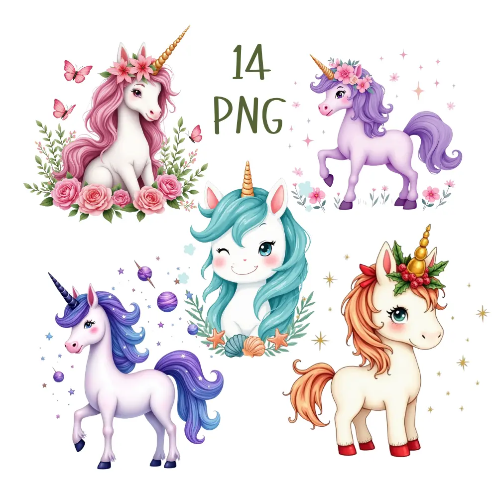 Cute 14 PNG Unicorn Clipart Set 🦄✨